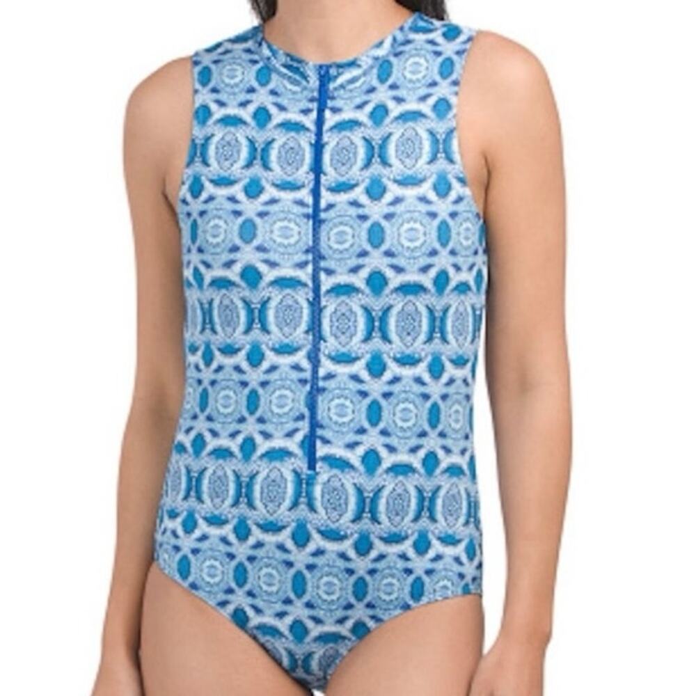NWOT Cabana Life One Piece High Neck Swimsuit Blue Geometric SPF 50 Medium